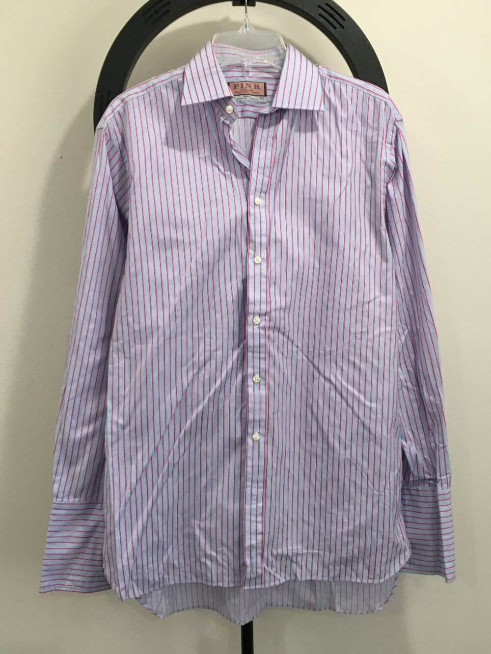 THOMAS PINK Blue White Dark Pink Striped Long Sleeve French Cuff Button Shirt